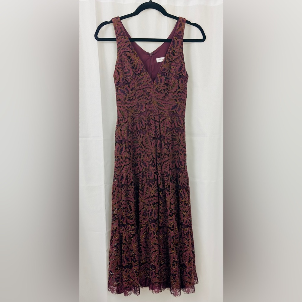 Dress The Population Madelyn Midi Sleeveless Dress Burgundy & Gold Threads XS - Picture 6 of 11